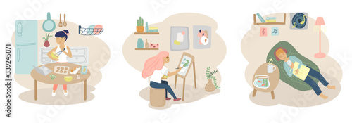 cute flat cartoon design illustration set of leisure concept of stay home, work from home   and social distancing. cooking, painting, listening music. soft tone color. 