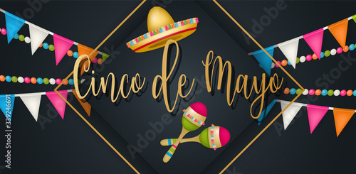 Cindo de Mayo banner or header. Colorful bunting garland, sombrero, maracas and golden lettering on black background. Vector illustration.