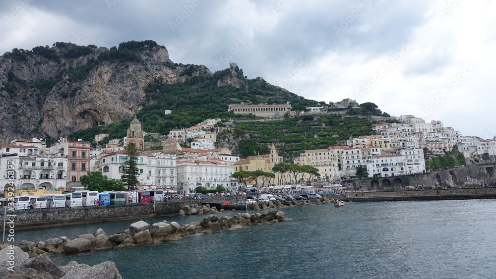 Amalfi Coast, Rock, Buildings, Sea, Boats