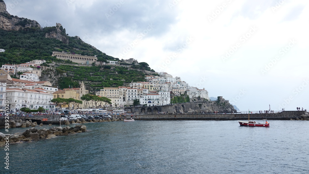 Amalfi Coast, Rock, Buildings, Sea, Boats