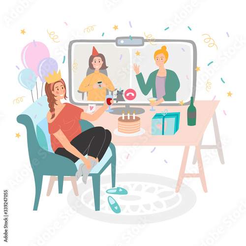 A girl sitting on a chair, having a birthday online party at home during quarantine meeting friends on video conference call or chat. People drink wine and tea together vector flat illustration.
