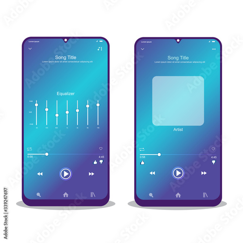 Social media network. Music player interface. Profile, Album, Song, Playlist mockup. music layout screen