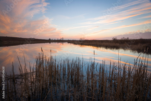 Reflections of a vivid sunset sky streak across the surface of a wetland marsh northern Illinois.