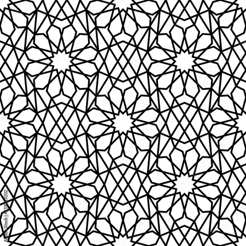 Islamic ornament seamless pattern. Authentic arabian style. Islam prints. Arabic motif. Traditional muslim symbol. Abstract east background. Arabesque girih ornate design. Moroccan mosaic tile. Vector