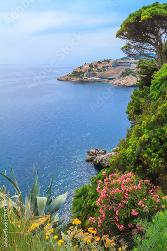 Coastal summer landscape - top view of the coast near the Old Town of Dubrovnik, the Adriatic coast of Croatia