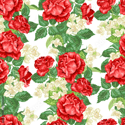 Seamless vector pattern with jasmine and rose flowers