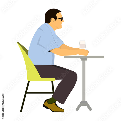 Caucasian man sitting in the bar and drinking a cocktail. Young sad man sitting alone in the bar with a cocktail. Man drinking a cocktail in the bar. Vector flat design illustration. Vertical layout.
