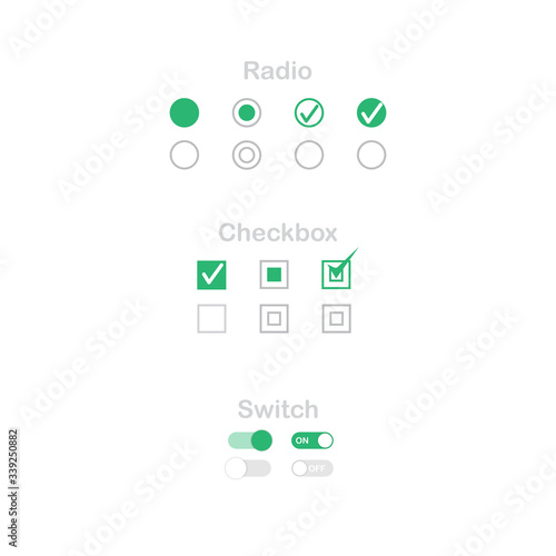 check mark icon set. Radio, checkbox and switch check mark used for choice between one of two possible mutually exclusive options. GUI, HTML CSS Radio, Checkbox and switch template.
