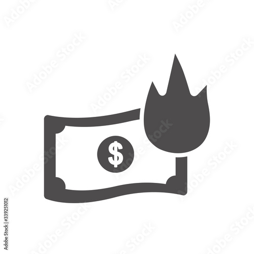 economic recession concept, burning money bill icon, silhouette style