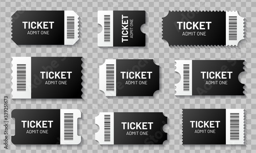 Blank ticket with barcode set. Template for concert, movie, theater and boarding tickets, lottery and discount coupons with ruffled edges