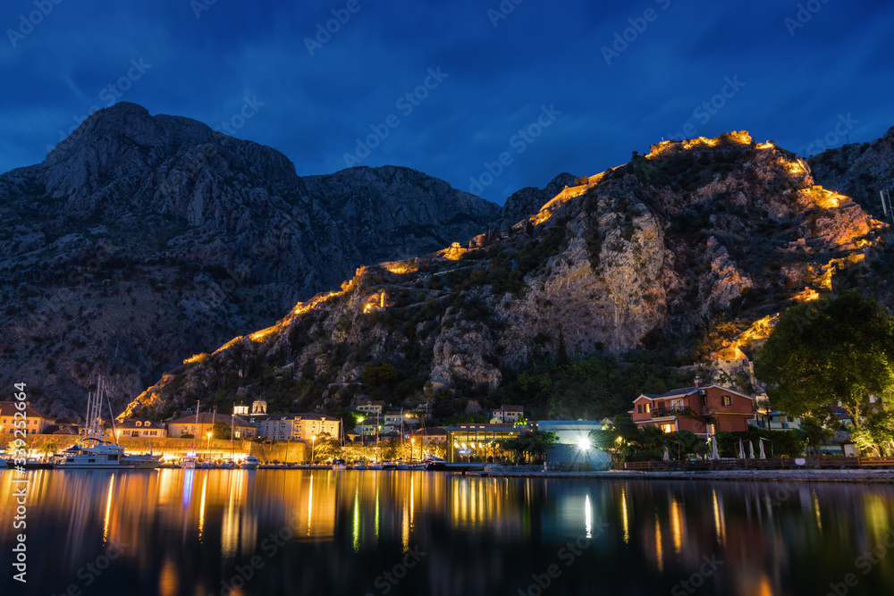 Sunset view of old tower of Kotor, Montegnegro.