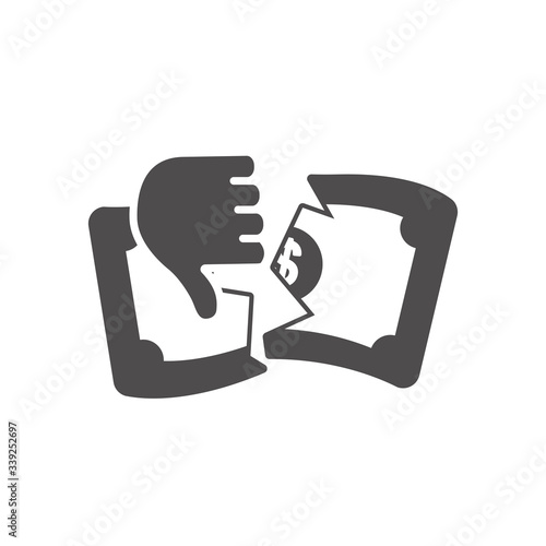 economic recession concept, hand with thumb down and broken money bill, silhouette style