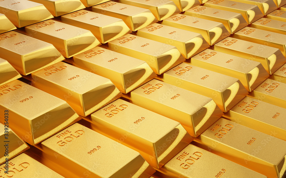 3D Render of fine gold bar, Realistic glossy golden plate background with light and shadow.