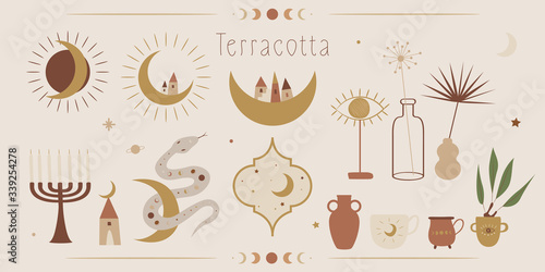 Minimalism in pastel colors. abstraction style. phases of the moon and the sun. mystical elements for your design. fashion and trend. Vector graphics