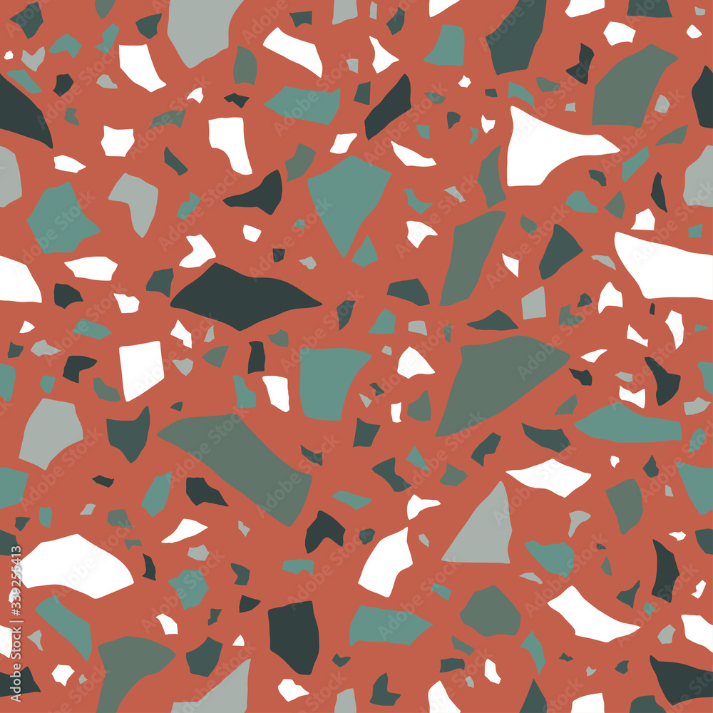 Obraz premium Terrazzo flooring seamless texture. Red, white and black polished pebble, stone tile. Abstract pattern, vector background. 