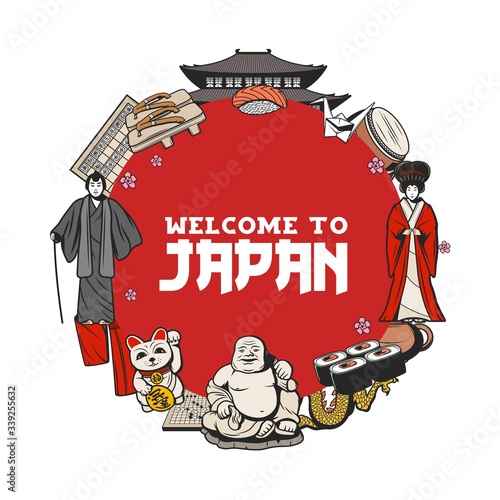 Japanese culture, traditions, food and travel landmarks. Geisha and samurai, sushi and tea ceremony, Japanese origami and Go game, Budai buddha and kitty.Welcome to Japan vector poster