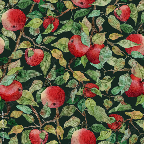Seamless pattern apple tree branch with red apples watercolor stylized illustration on dark green background Ideal for printing on fabric or paper.