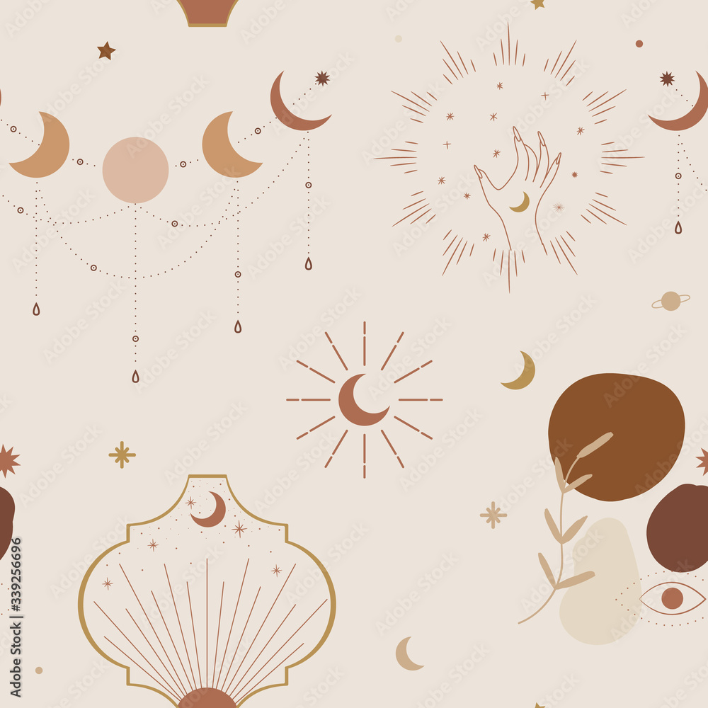 Obraz premium Minimalism in pastel colors. abstraction style. phases of the moon and the sun. mystical elements for your design. fashion and trend. Vector graphics
