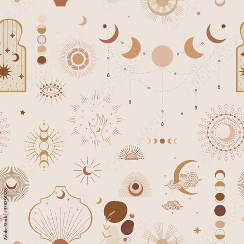 Minimalism in pastel colors. abstraction style. phases of the moon and the sun. mystical elements for your design. fashion and trend. Vector graphics