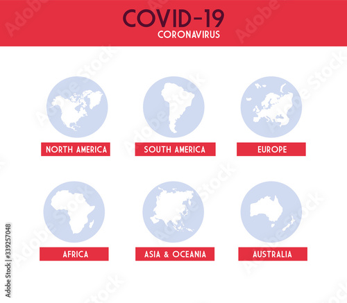 infographic with continents from planet earth affected by coronavirus