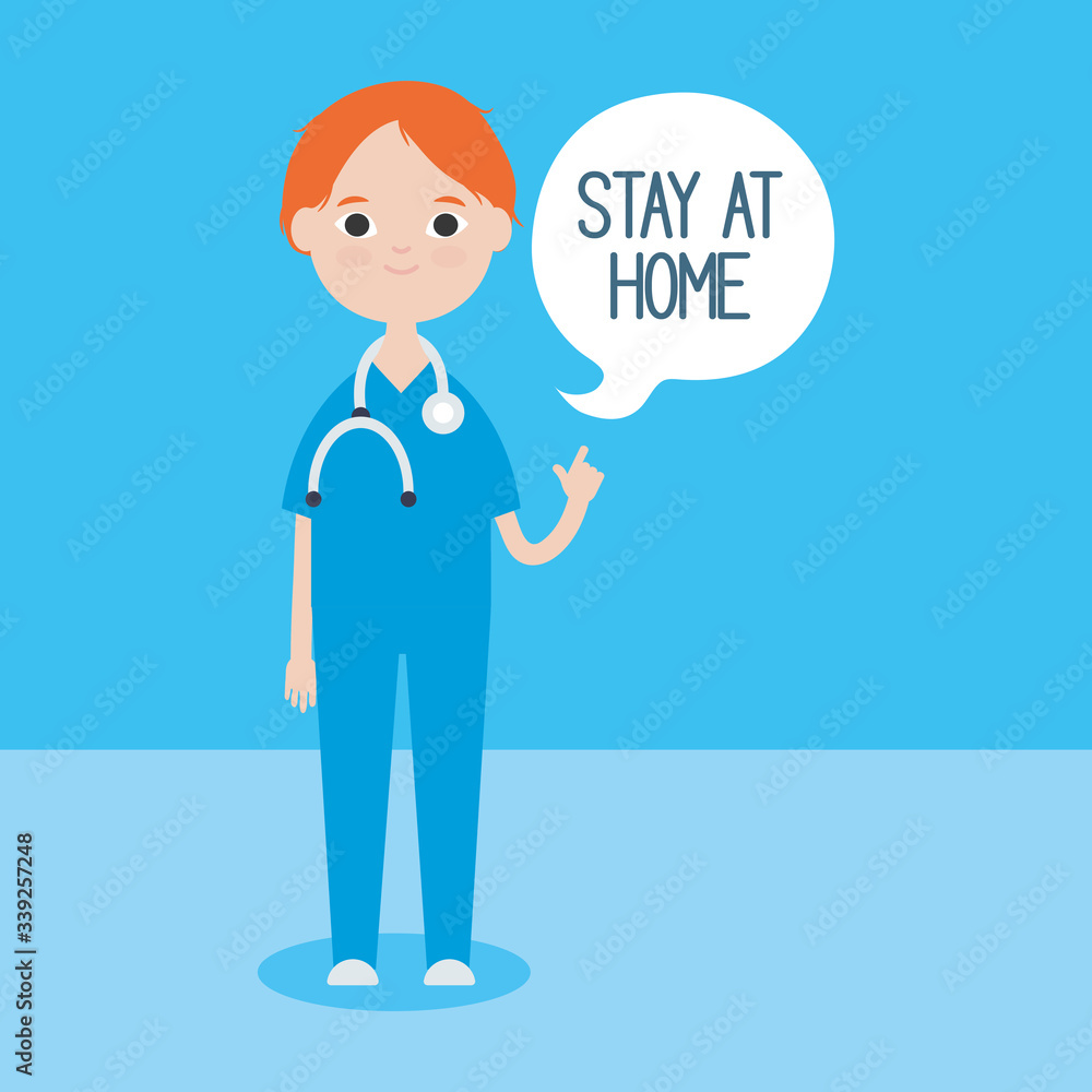 cartoon doctor man with speech bubble with stay home concept, colorful design cartoon doctor man with speech bubble with stay home concept, colorful design