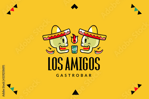 Mexican cafe logotype, brand restaurant icon, skull characters in sombrero hats, agave cactus tequila alcohol, traditional Mexico drink bar. Vector isolated logo design, linear illustration