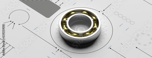Quadro em tela Ball bearing, metal spare part on a blueprint. 3d illustration