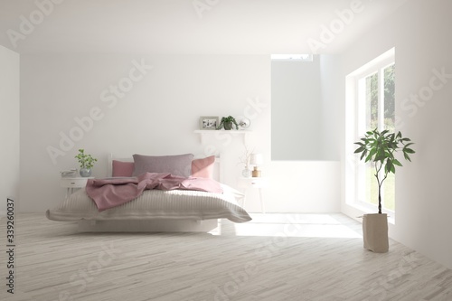 White bedroom interior. Scandinavian design. 3D illustration