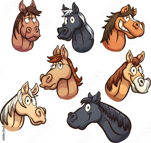 Cartoon male and female horse heads with different expressions. Vector clip art illustration with simple gradients. Each on a separate layer.