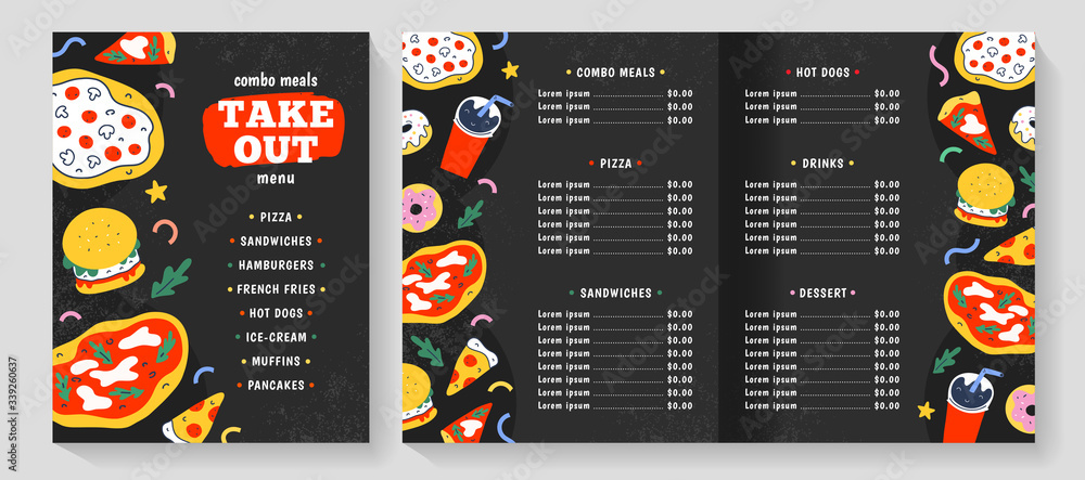 Fast food menu, vector leaflet layout, restaurant menu template, american  and italian food, pizza, hamburger and soda, trendy doodle cartoon,  cardboard list with combo menu, black flyer for cafe Stock Vector |