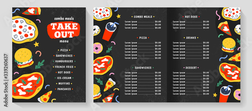 Fast food menu, vector leaflet layout, restaurant menu template, american and italian food, pizza, hamburger and soda, trendy doodle cartoon, cardboard list with combo menu, black flyer for cafe