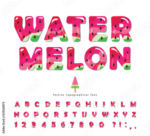 Watermelon summer bright font. Cartoon decorative alphabet. Glossy letters and numbers isolated on white. For package, poster, banner, T-shirt, brochure design. Vector