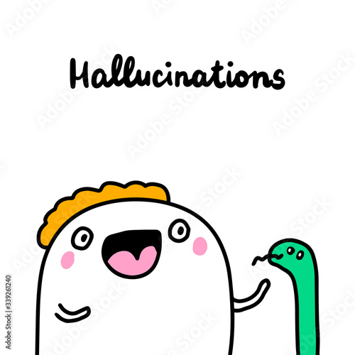 Hallucinations symptom of schizophrenia man expressive in cartoon comic style hand drawn