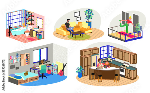 People Staying Home Due To Quarantine. Working, Doing Yoga, Cooking And Studying.