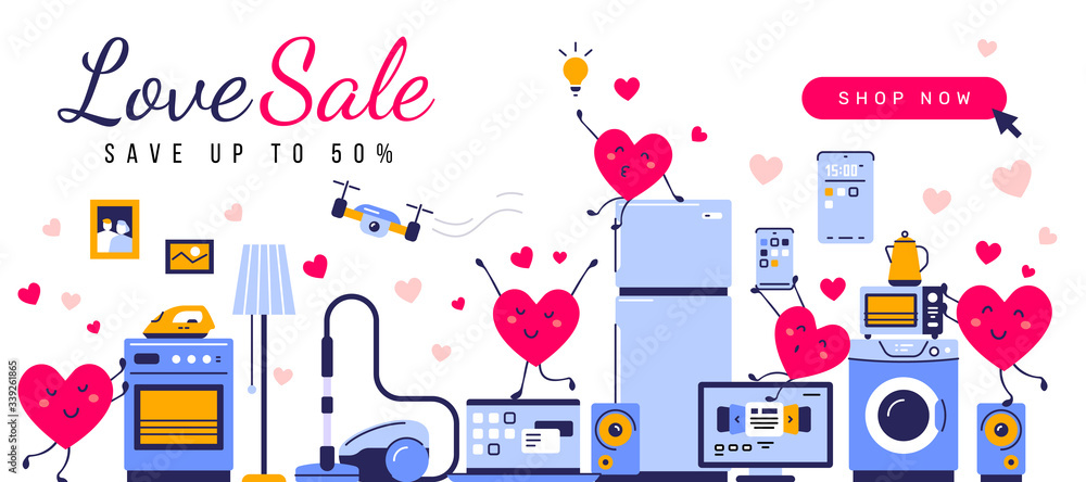 Vector illustration of set of household appliances with happy heart character. Sale of home domestic electronic appliances on white background.