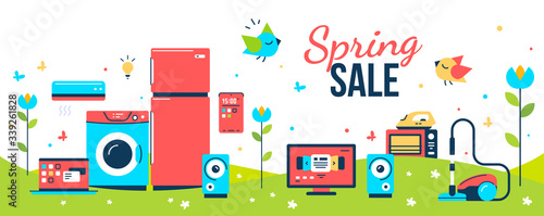 Vector set of household appliances with washing machine, fridge, vacuum cleaner on green grass background with flower. Spring seasonal sale of home domestic electronic appliances.