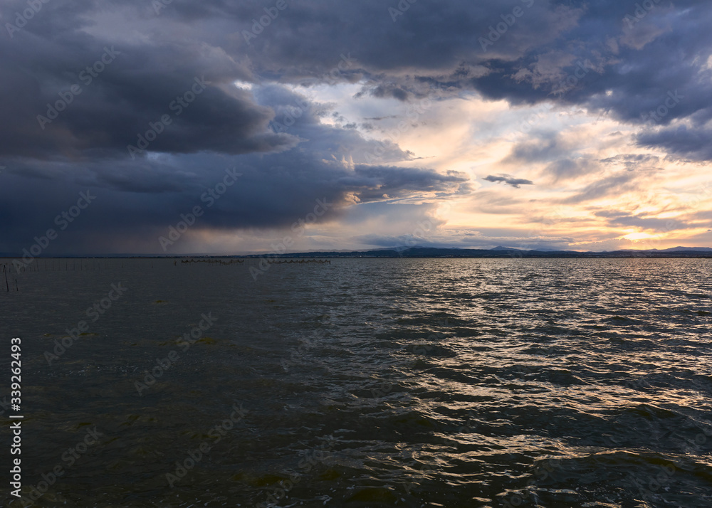 Landscape of a lake with storm clouds