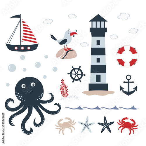vector nautical set with underwater inhabitants on white