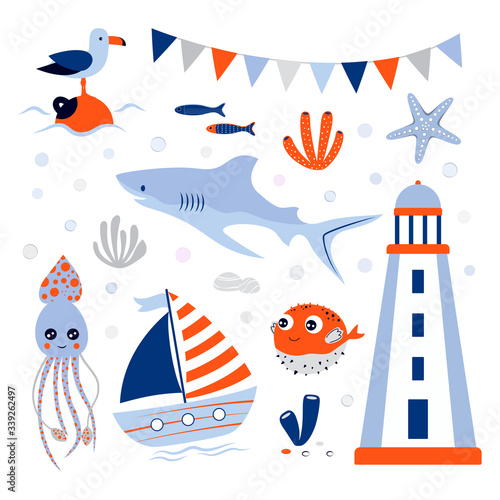 vector nautical set with underwater inhabitants on white