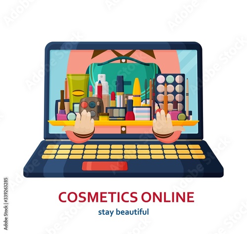 Shopping online banner. Make up background. Online store concept. Decorative cosmetics for face, lips, skin, eyes, nails, eyebrows and beautycase
