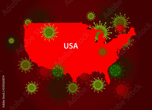USA map with covid-19 virus concept. Coronavirus is spread to all over the USA and infected to all countries. Vector illustration of red map design with influenza virus. Covid 19 map. © awesome artt