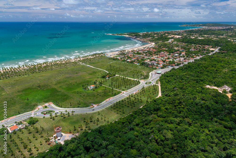 Paiva beach and ecological reserve, with emphasis on the highway route of the coconut trees, near Recife, Pernambuco, Brazil on March 1, 2014. Aerial view Paiva beach and ecological reserve, with emphasis on the highway route of the coconut trees, near Recife, Pernambuco, Brazil on March 1, 2014. Aerial view