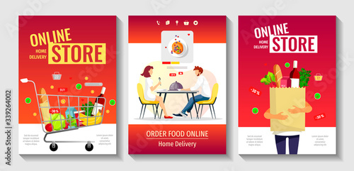 Set of banners for Grocery Market, Online Store, Shopping, Order Food, Online Menu, Home Delivery. A4 vector illustration for poster, banner, flyer, commercial, special offer.