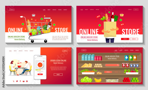 Set of web pages for Grocery Market, Online Store, Shopping, Order Food, Online Menu, Home Delivery. Vector illustrations for poster, banner, flyer, website, commercial, special offer.