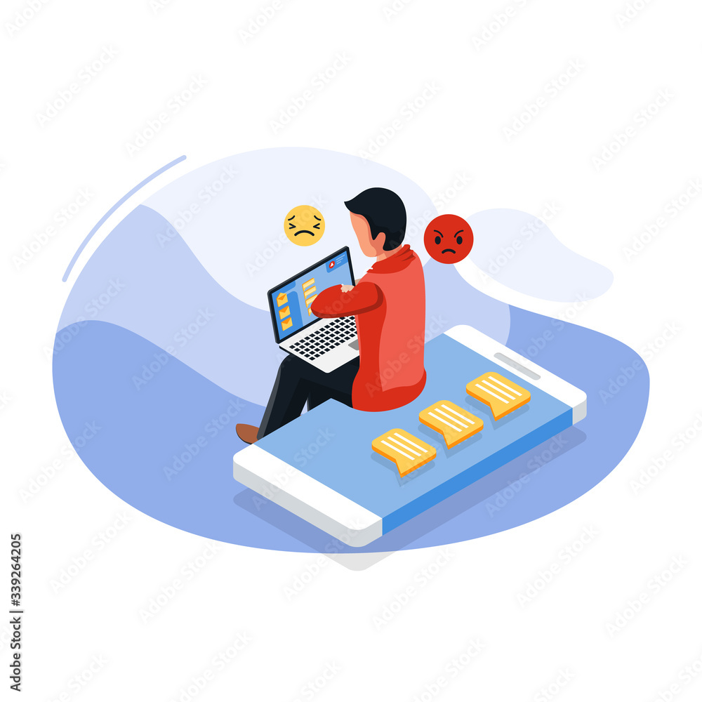 Social media concept: Male feel sad and angry when read an email in laptop. Online communication. Isometric Social Media illustration concept. Vector