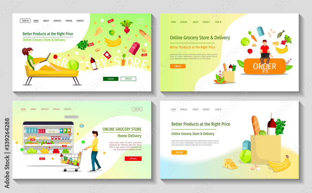Set of web pages for Grocery Market, Online Store, Shopping, Home Delivery. Man with trolley, grocery bag and people ordering food. Vector illustration for poster, banner, flyer, commercial, offer.