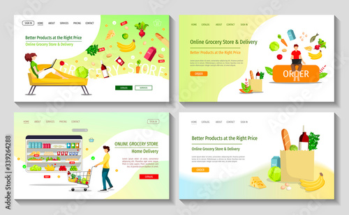 Set of web pages for Grocery Market, Online Store, Shopping, Home Delivery. Man with trolley, grocery bag and people ordering food. Vector illustration for poster, banner, flyer, commercial, offer.