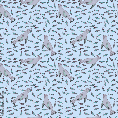 Seamless pattern with cute sea lions and fish run. Vector illustration for textile and fabric design, wallpaper, wrapping paper and etc. 