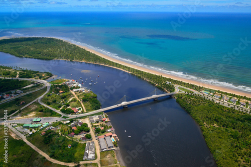 Paiva beach, highlighting the bridge architect Wilson Campos Junior, near Recife, Pernambuco, Brazil on March 1, 2014. Aerial view
