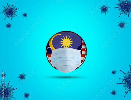 Coronavirus concept- corona virus outbreak on malaysia. Malaysia put mask to fight against Corona virus. Concept of fight against virus. Many Virus attack isolated on blue background. photo